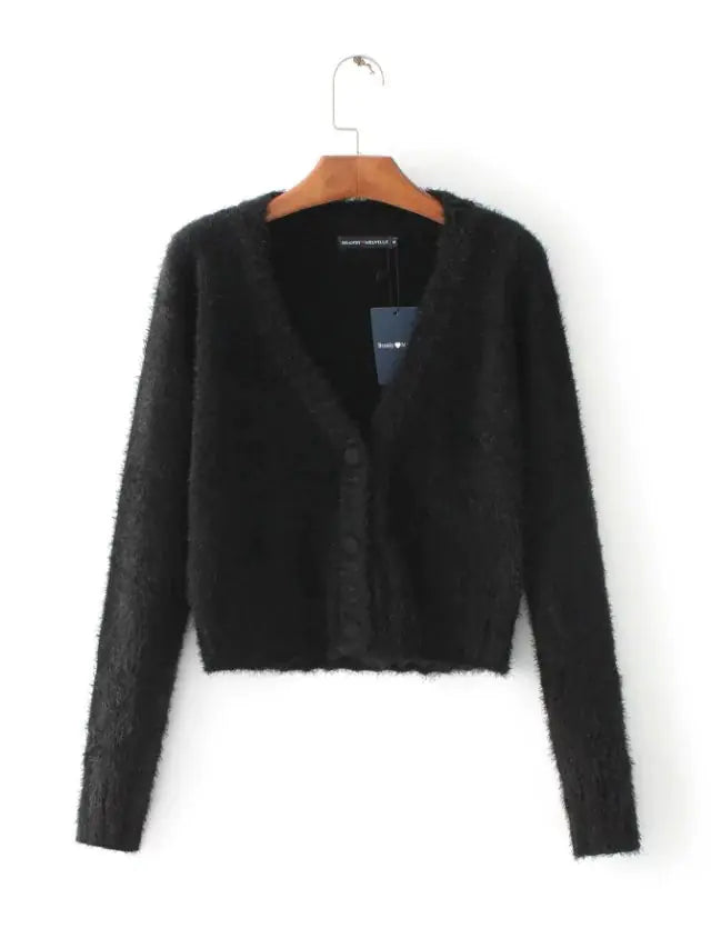 Custom Short Cardigan Sweater with V-Neck Fuzzy Style