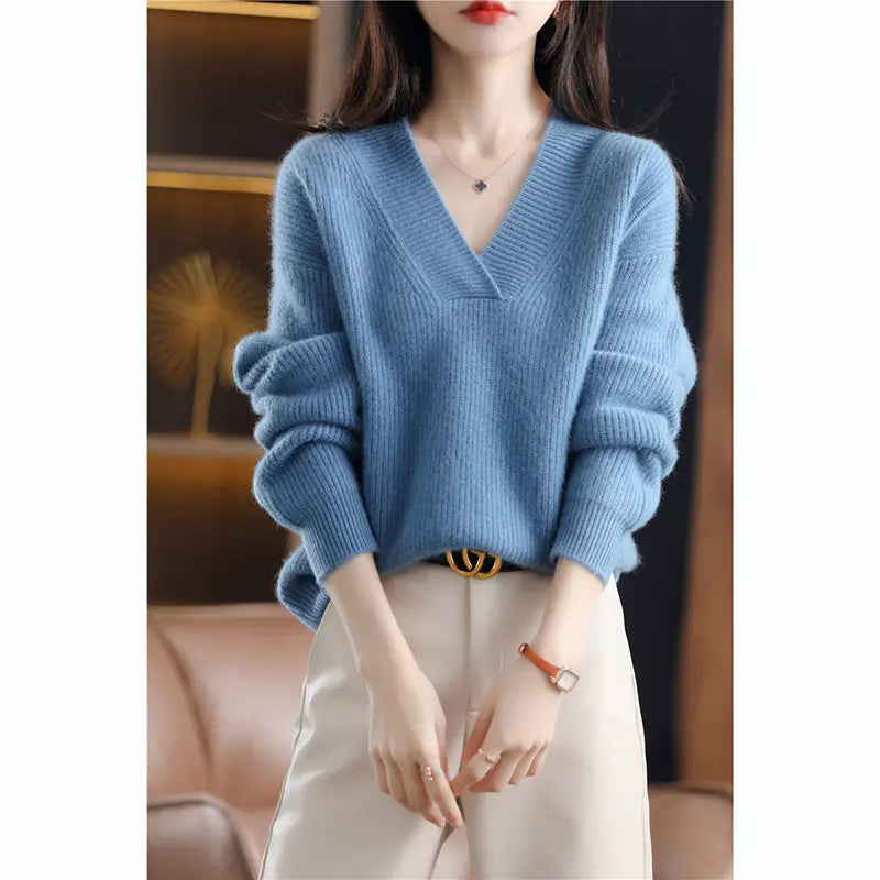 New Women's V Neck Loose Knitted Sweater