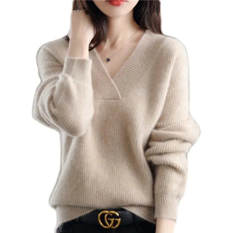 New Women's V Neck Loose Knitted Sweater