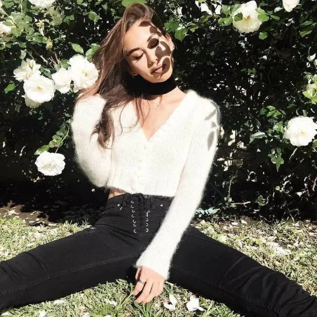 Custom Short Cardigan Sweater with V-Neck Fuzzy Style