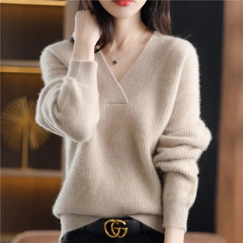 New Women's V Neck Loose Knitted Sweater